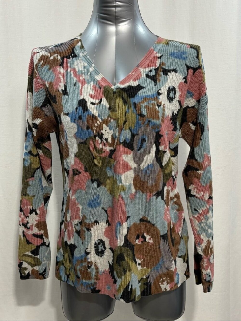 FDJ French Dressing Fall Florist Ribbed V-Neck Sweater Size S floral cozy 386